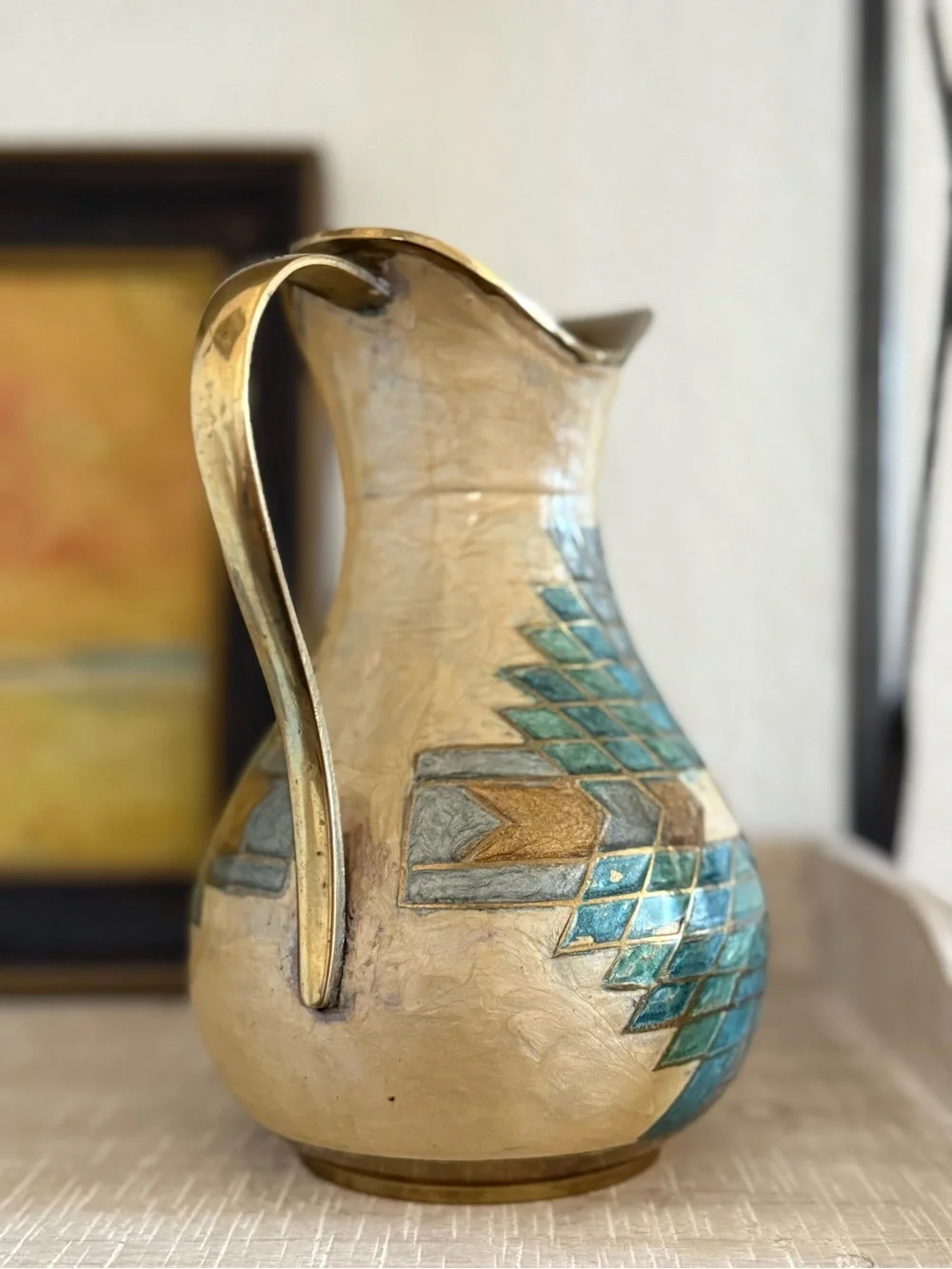 Vintage Brass Turquoise and Gold Geometric Pitcher Vase - Picture 6 of 7